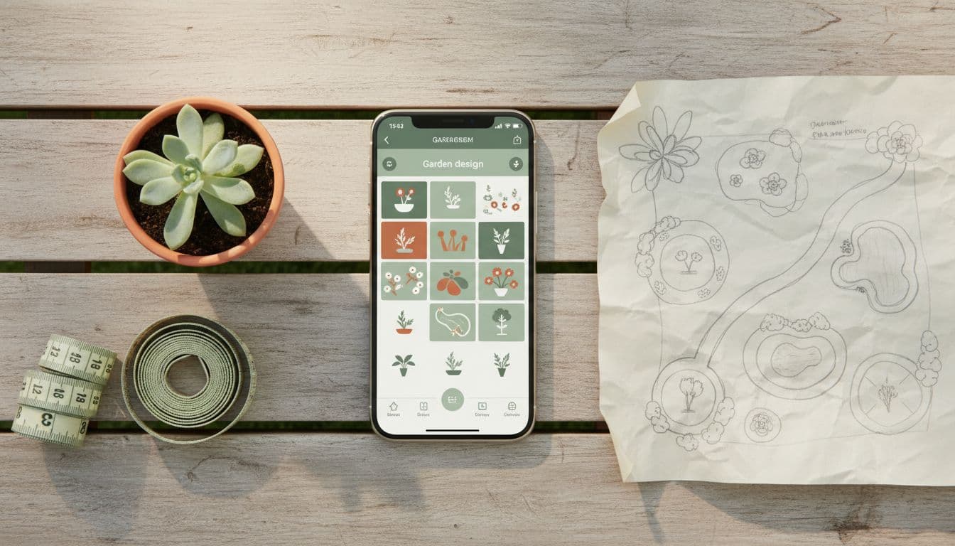 Smartphone with a garden design app next to a printed sketch and measuring tape on an outdoor table