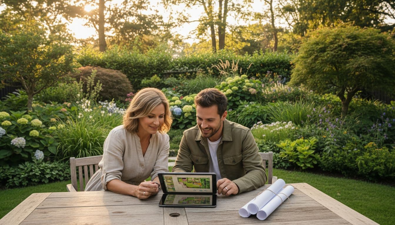 Homeowner and landscape designer reviewing garden plans on a tablet in a backyard