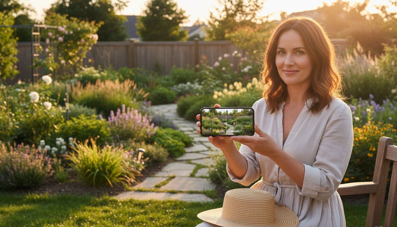 Woman holding a smartphone showing an AI garden design comparison in a sunny backyard
