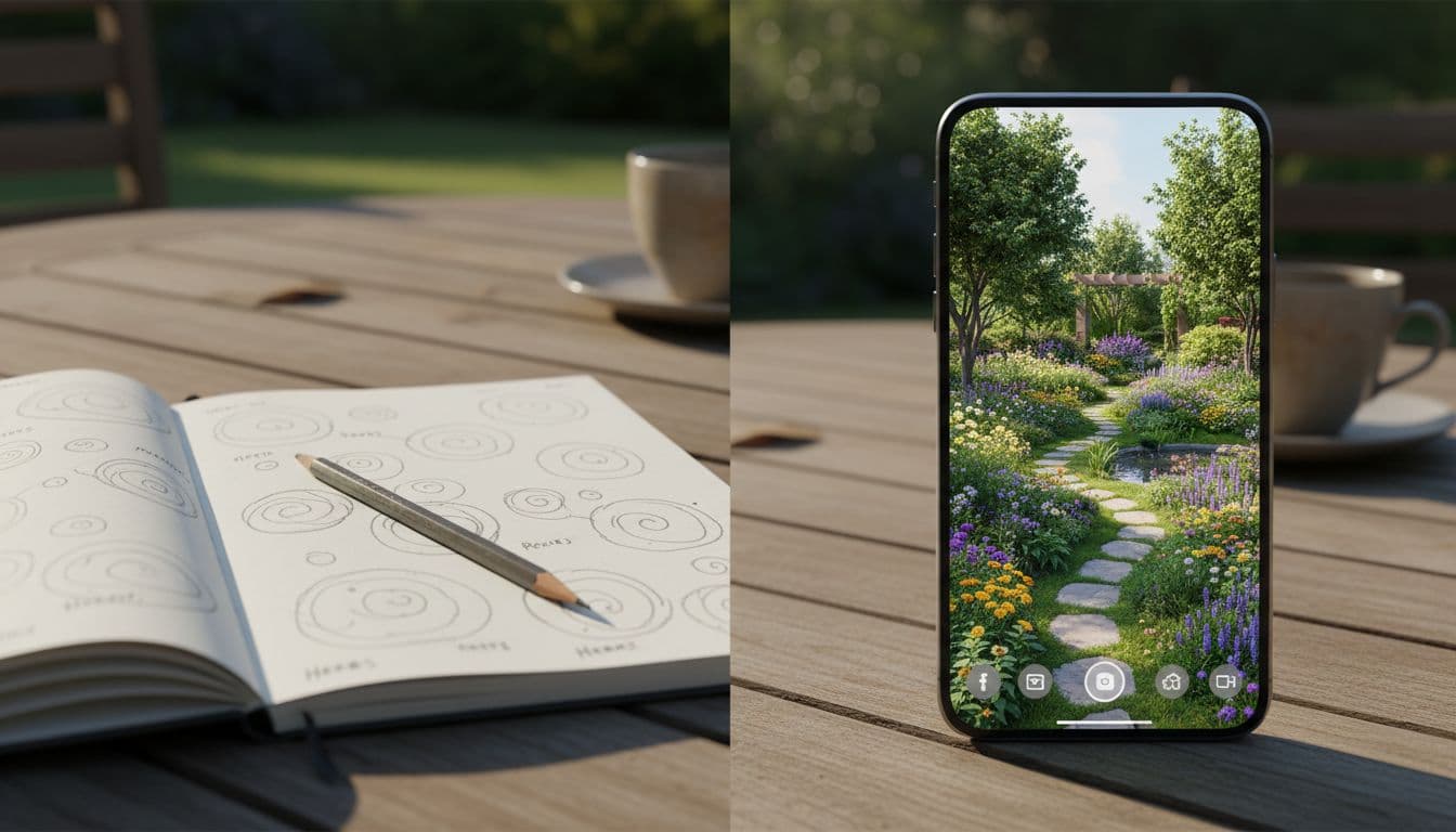Hand-drawn garden plan in a notebook next to a phone showing an AI-generated garden redesign