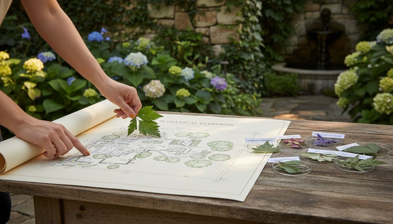 Hands reviewing a garden landscape blueprint and plant swatches on an outdoor table